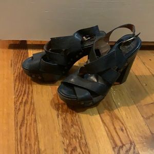 Black leather and wood platform heels